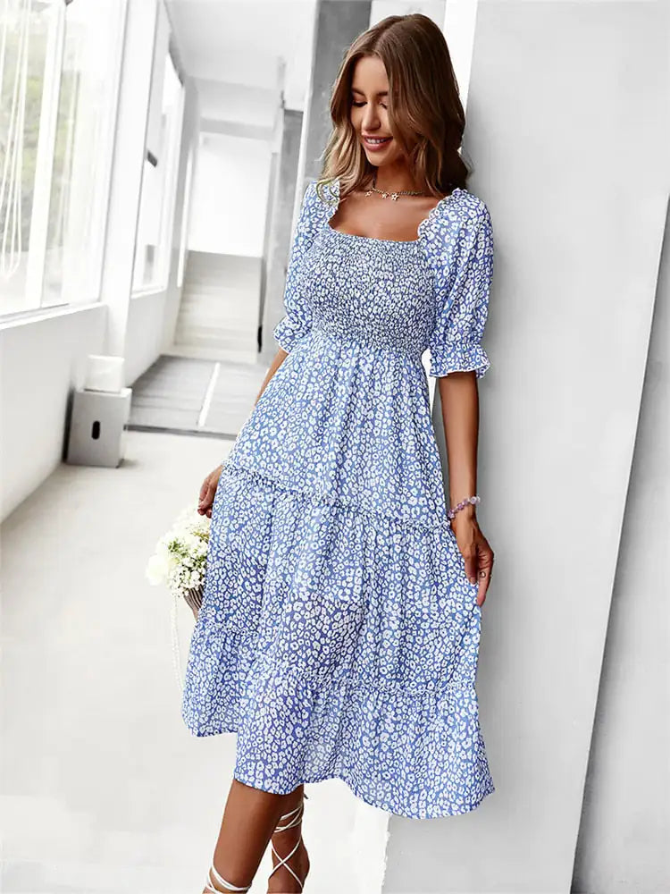 Off Shoulder High Waist Ruffle Stitching Dress