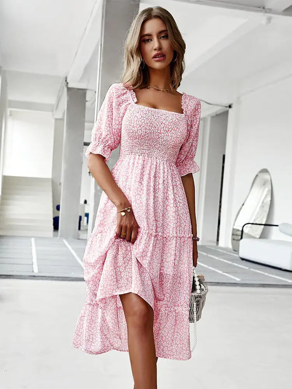 Off Shoulder High Waist Ruffle Stitching Dress